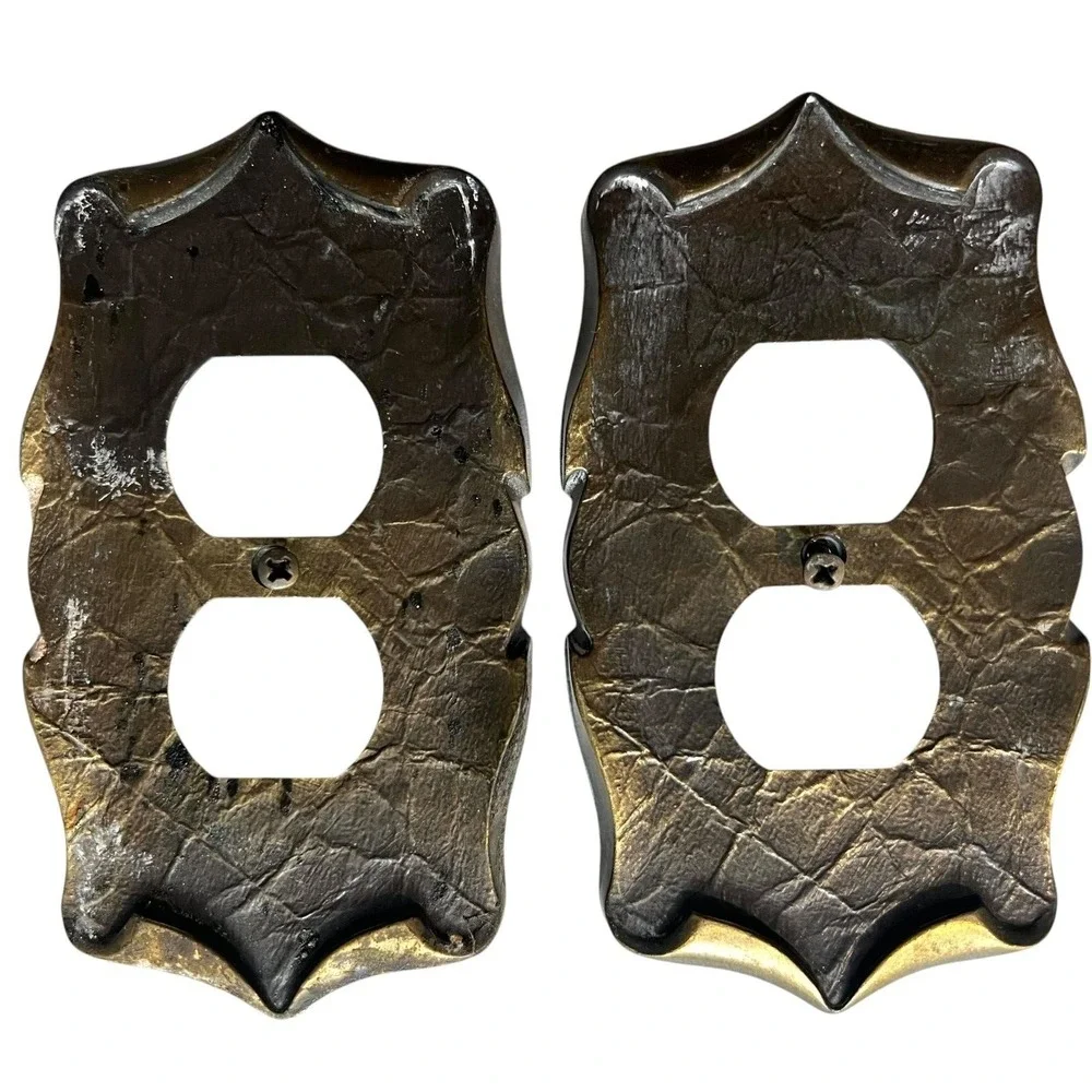 Antique VTG Amerock Brass c1970 Double Switch Plate Cover Rustic 6 in Set of 2